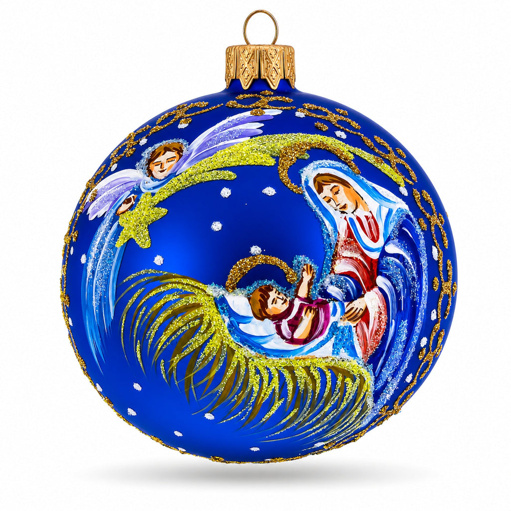 Guardian Angel Overlooking Baby Jesus Nativity Glass Ball Christmas Ornament 3.25 Inches
