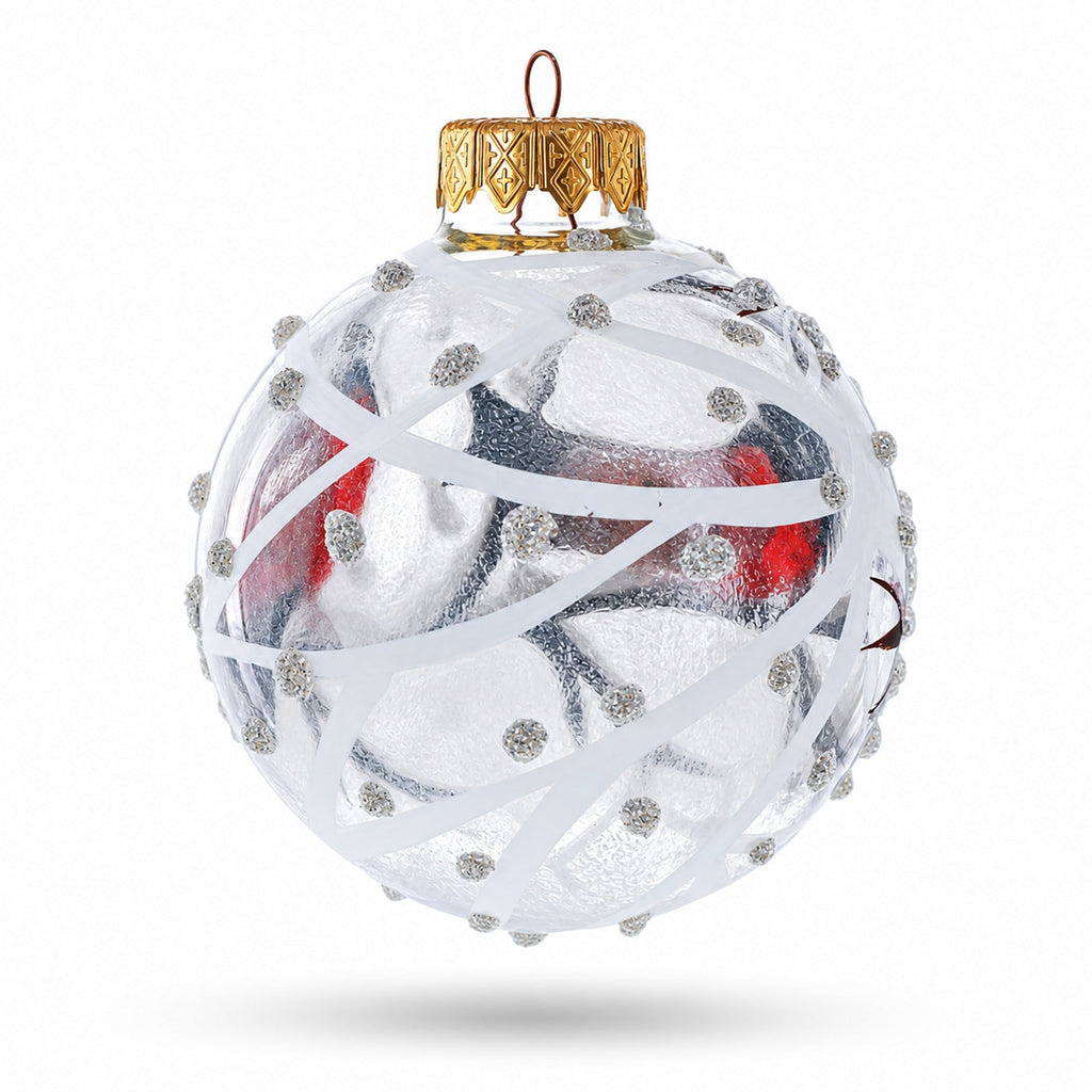 Red Finch on Snow Branch Glass Ball Christmas Ornament 3.25 Inches