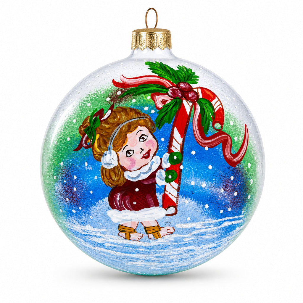 Girl with Candy Cane Glass Ball Christmas Ornament 4 Inches