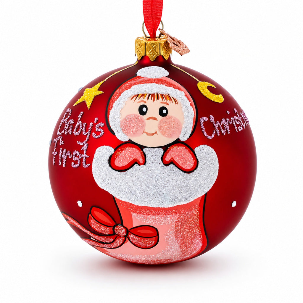 Girl in Stocking Glass Ball Baby's First Christmas Ornament 4 Inches