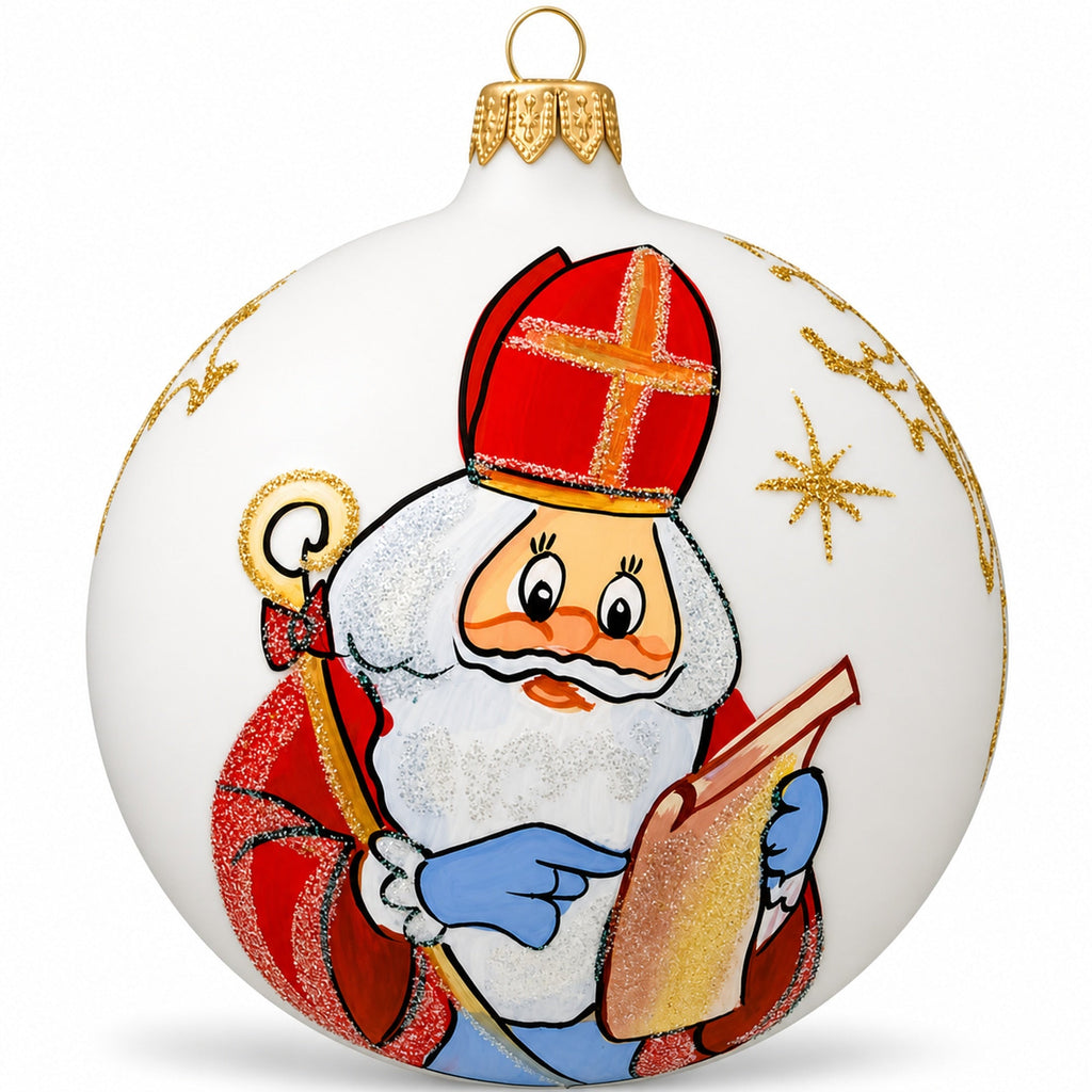 St. Nicholas Reviewing Gift List Glass Ball Christmas Ornament 4 Inches