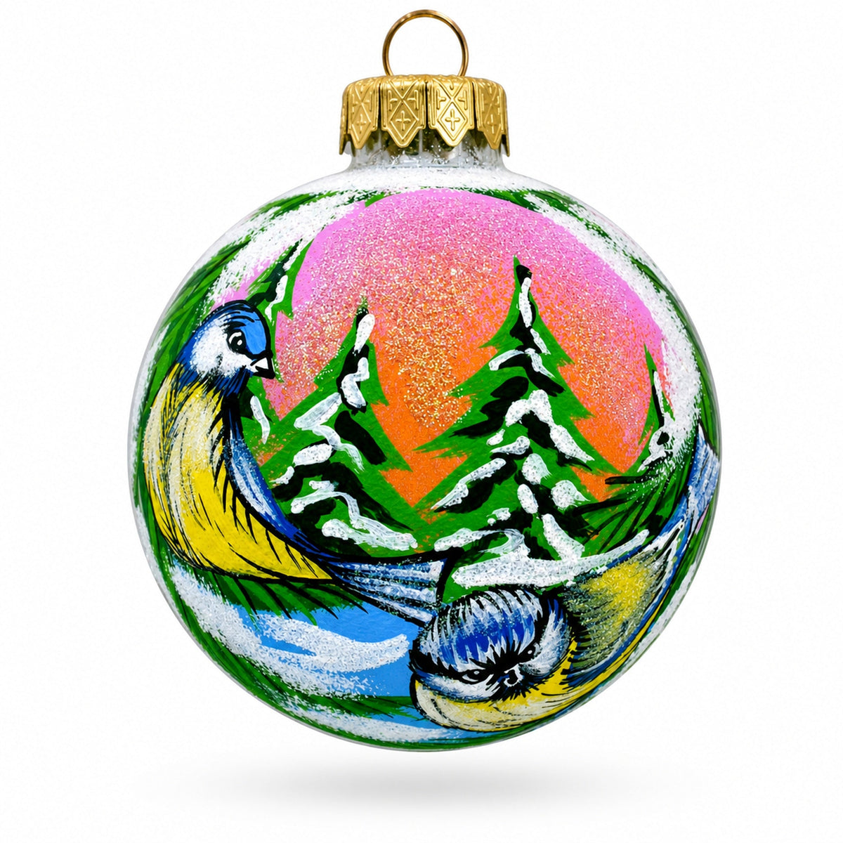 Twin Blue Birds Glass Ball Christmas Ornament 3.25 Inches