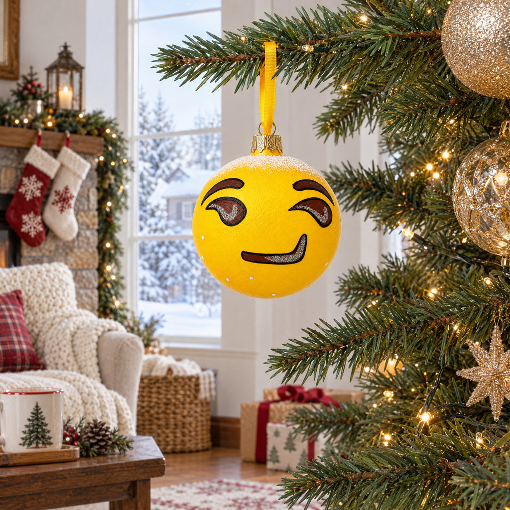 Sly Smirking Facial Expressions Glass Ball Christmas Ornament 3.25 Inches