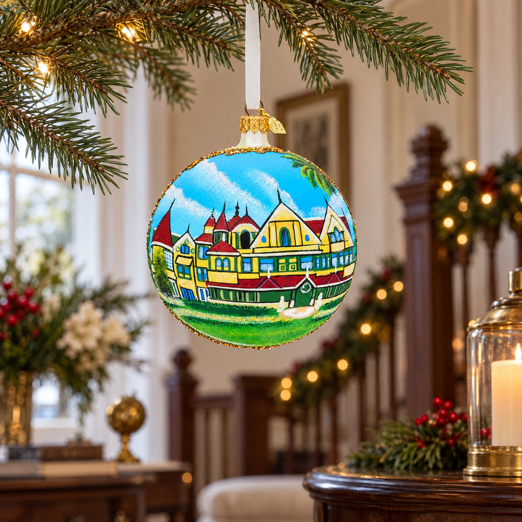 Winchester Mystery House, San Jose, California Glass Ball Christmas Ornament 4 Inches