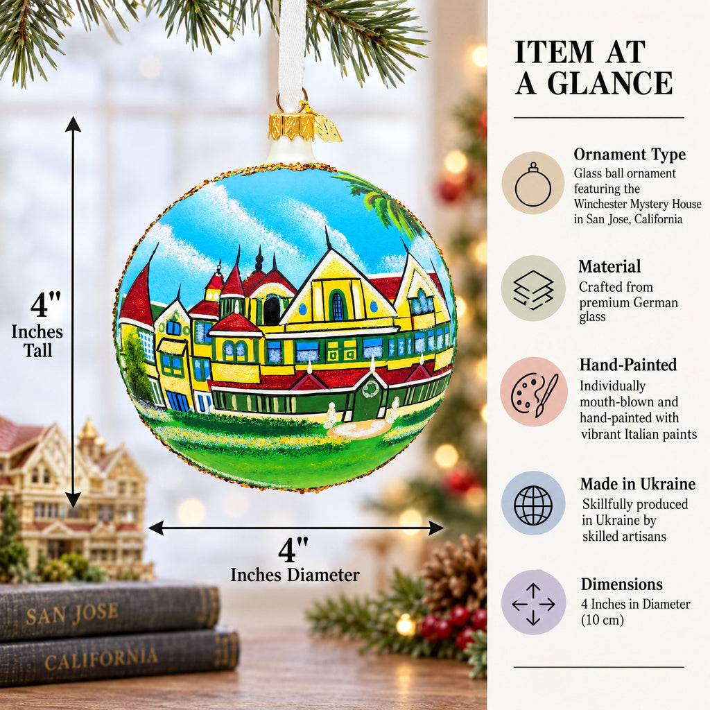 Winchester Mystery House, San Jose, California Glass Ball Christmas Ornament 4 Inches
