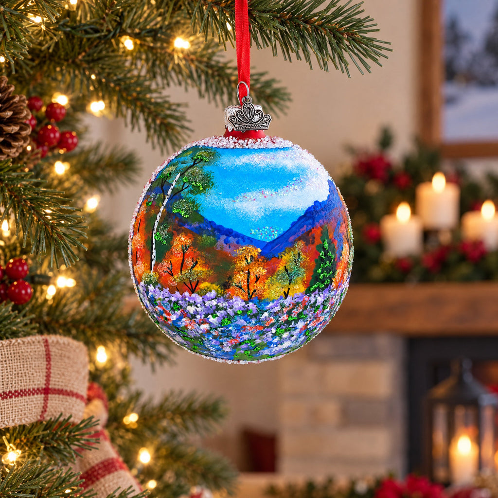 Floral Meadow Painting Glass Ball Christmas Ornament 4 Inches