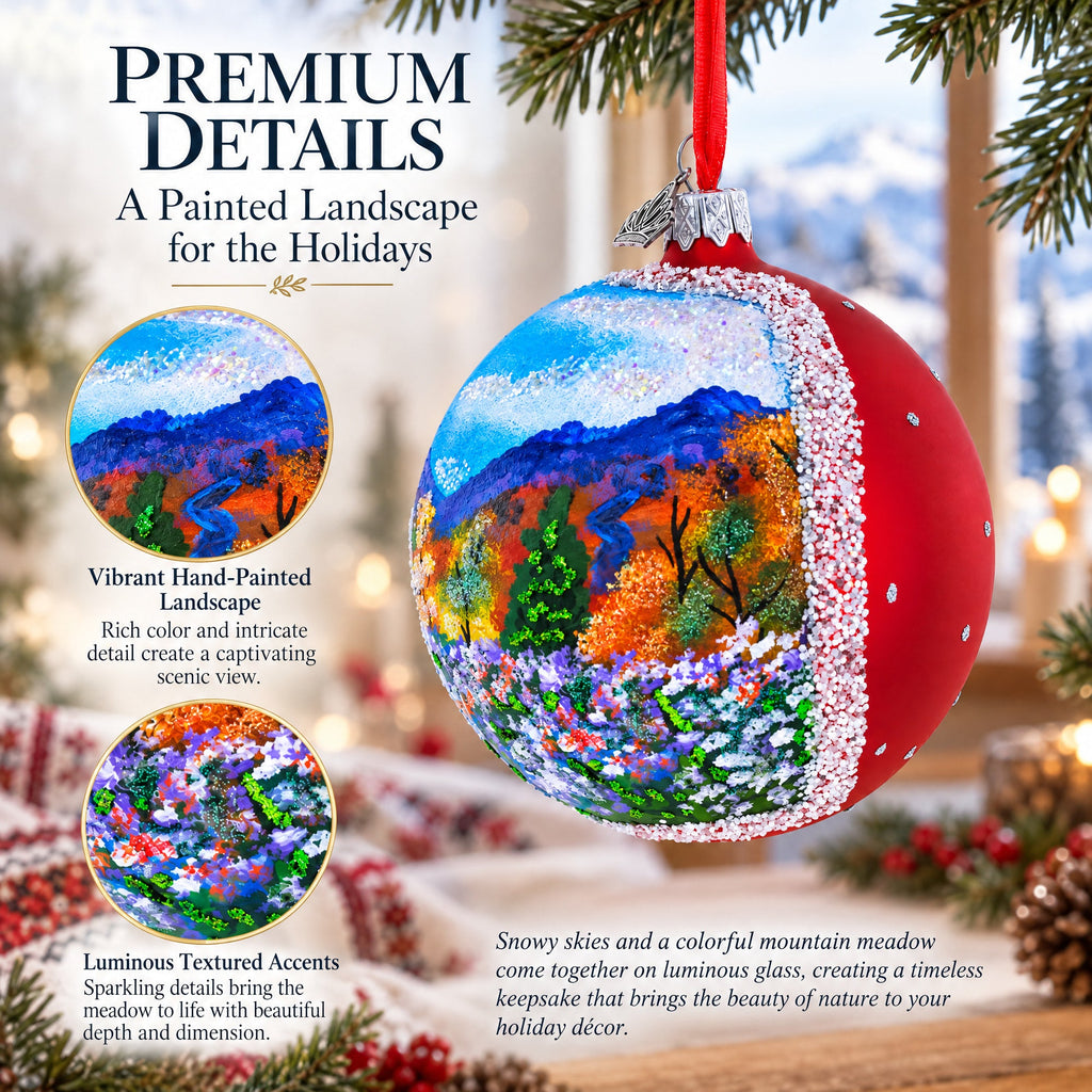 Floral Meadow Painting Glass Ball Christmas Ornament 4 Inches