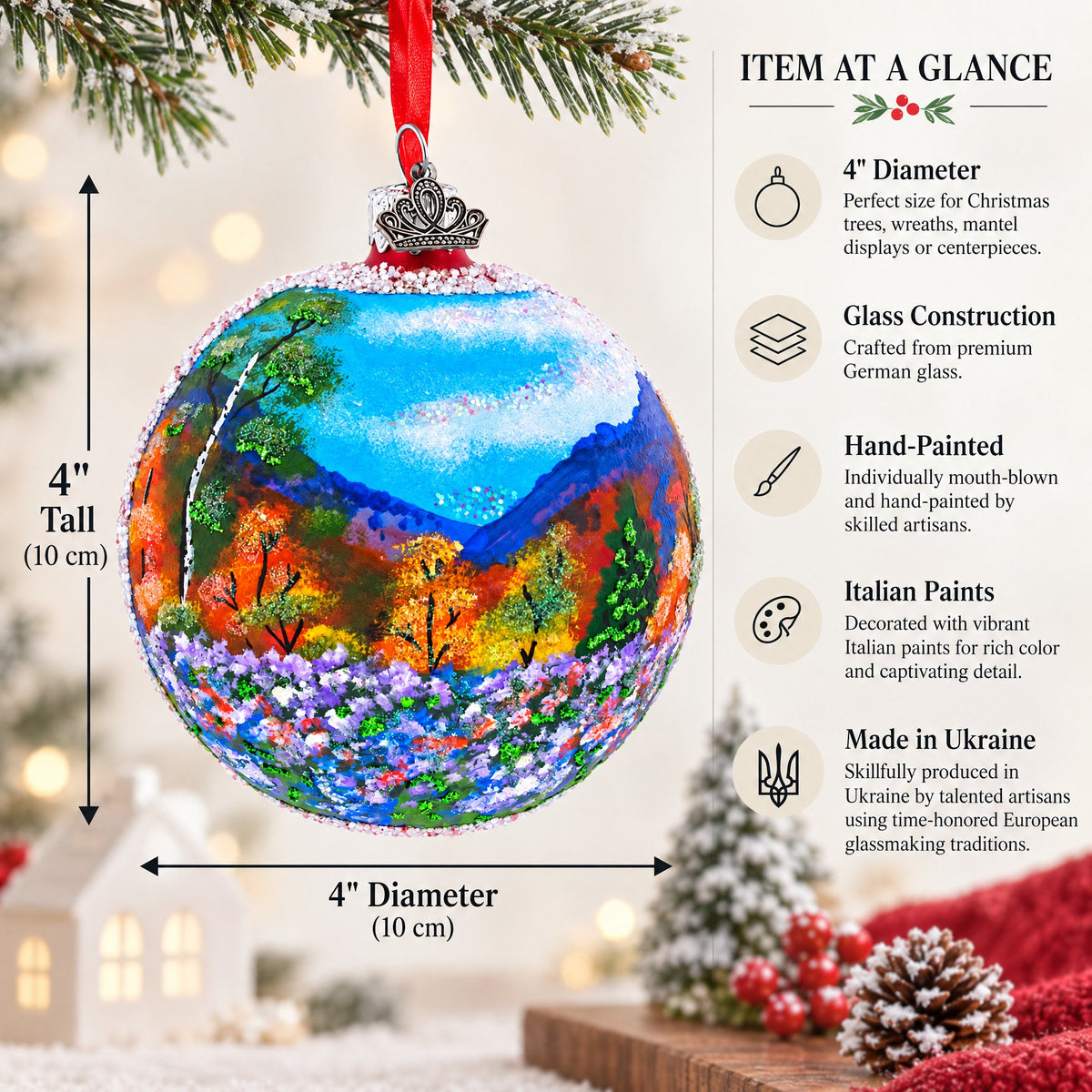 Floral Meadow Painting Glass Ball Christmas Ornament 4 Inches