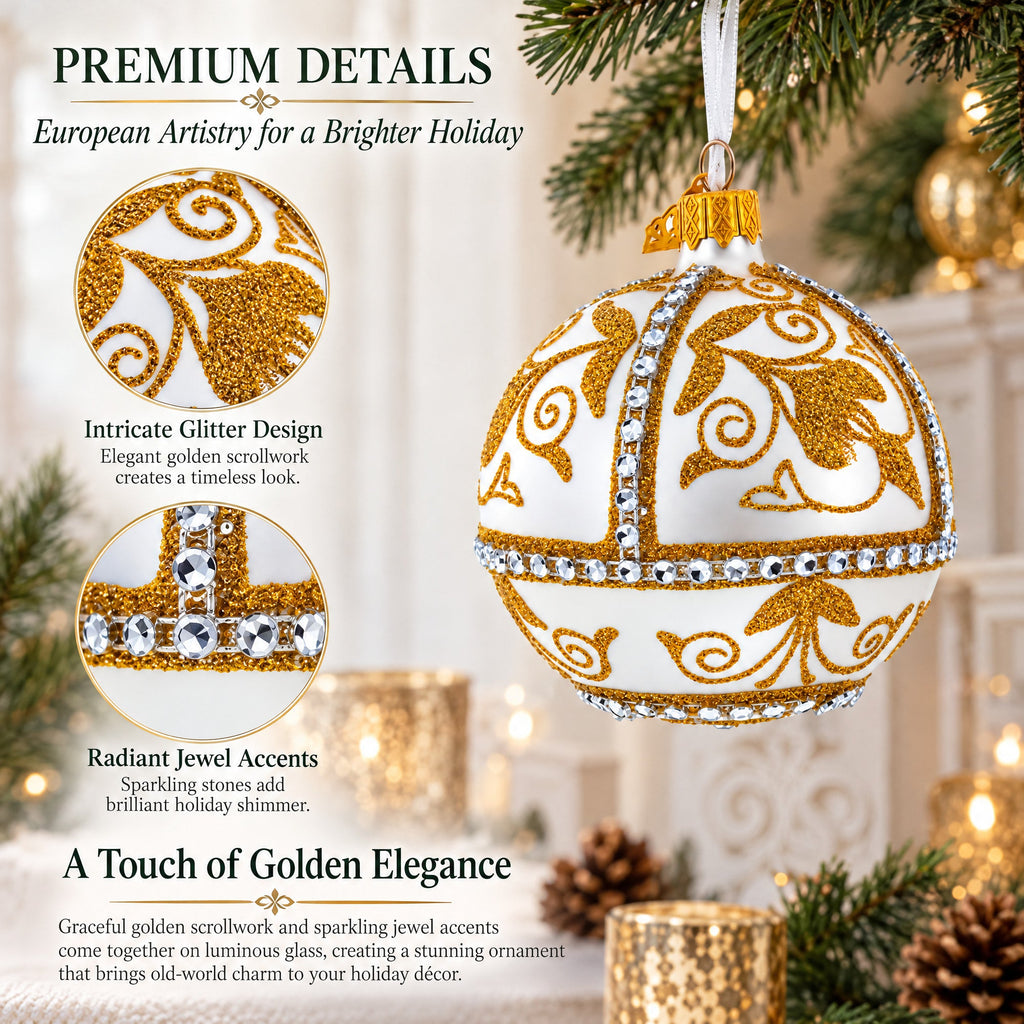Jeweled Golden Chandelier on Silver Glass Ball Christmas Ornament 3.25 Inches