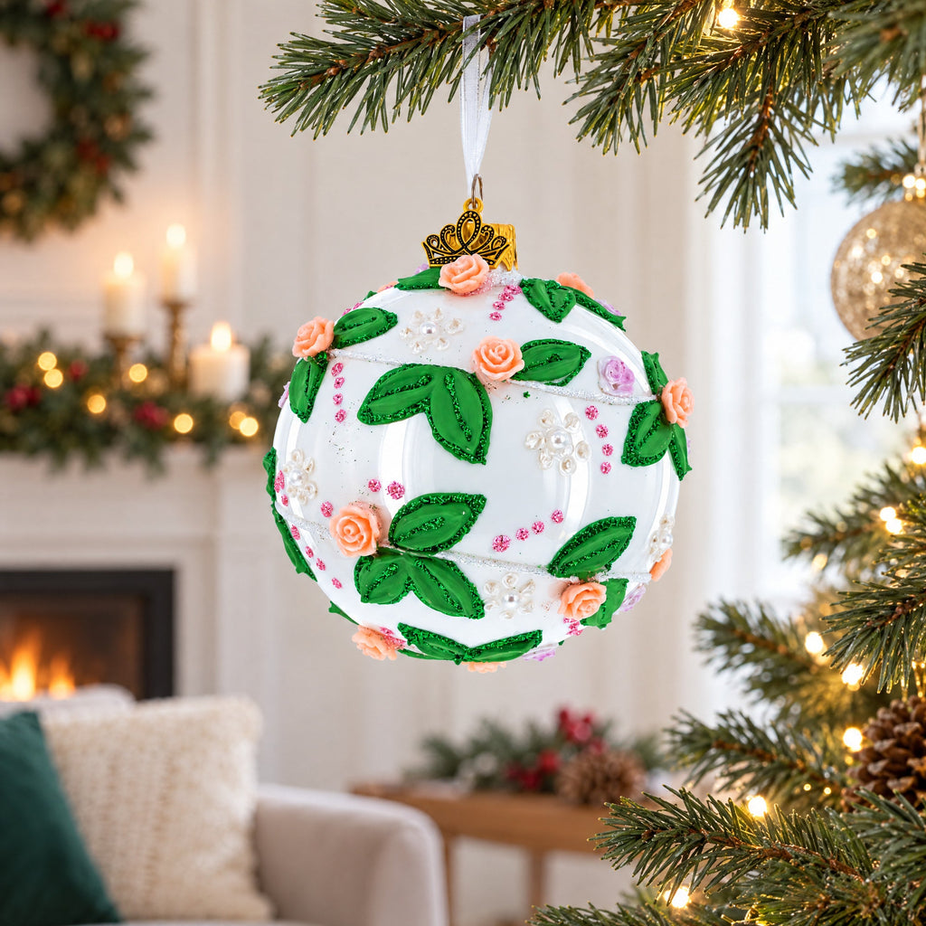 3D Roses in Silver Spiral Glass Ball Christmas Ornament 3.25 Inches