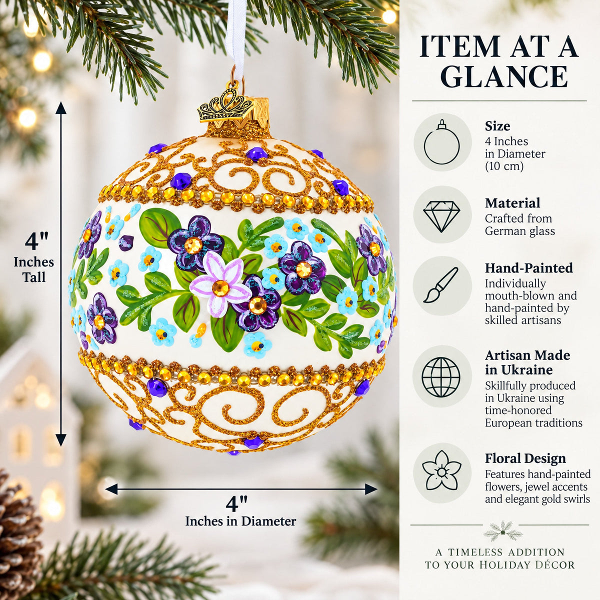 Flowers Swirl Glass Ball Christmas Ornament 4 Inches