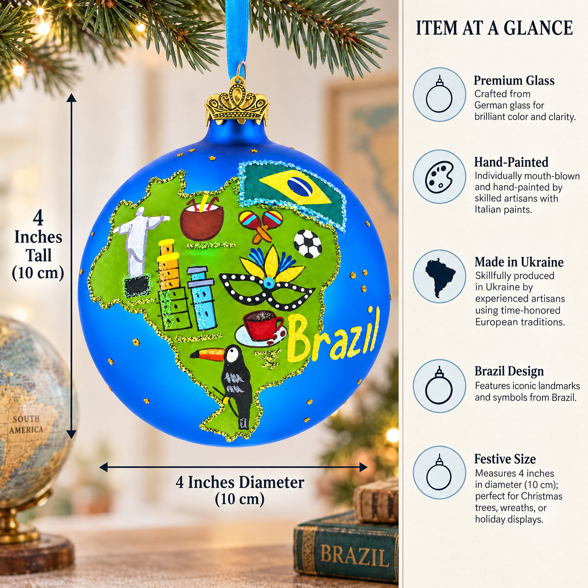 Brazil Landmarks and Symbols Glass Ball Christmas Ornament 4 Inches