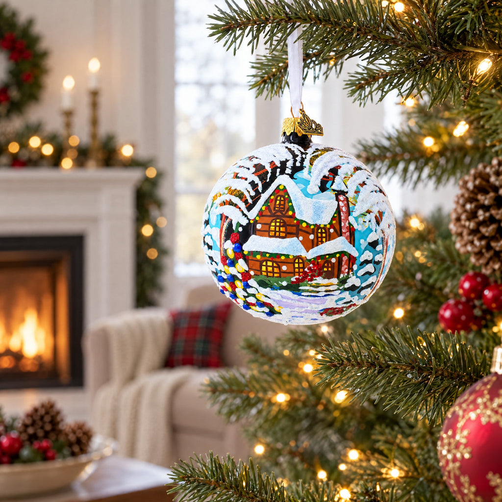 Snow Covered Winter Village Glass Ball Christmas Ornament 4 Inches