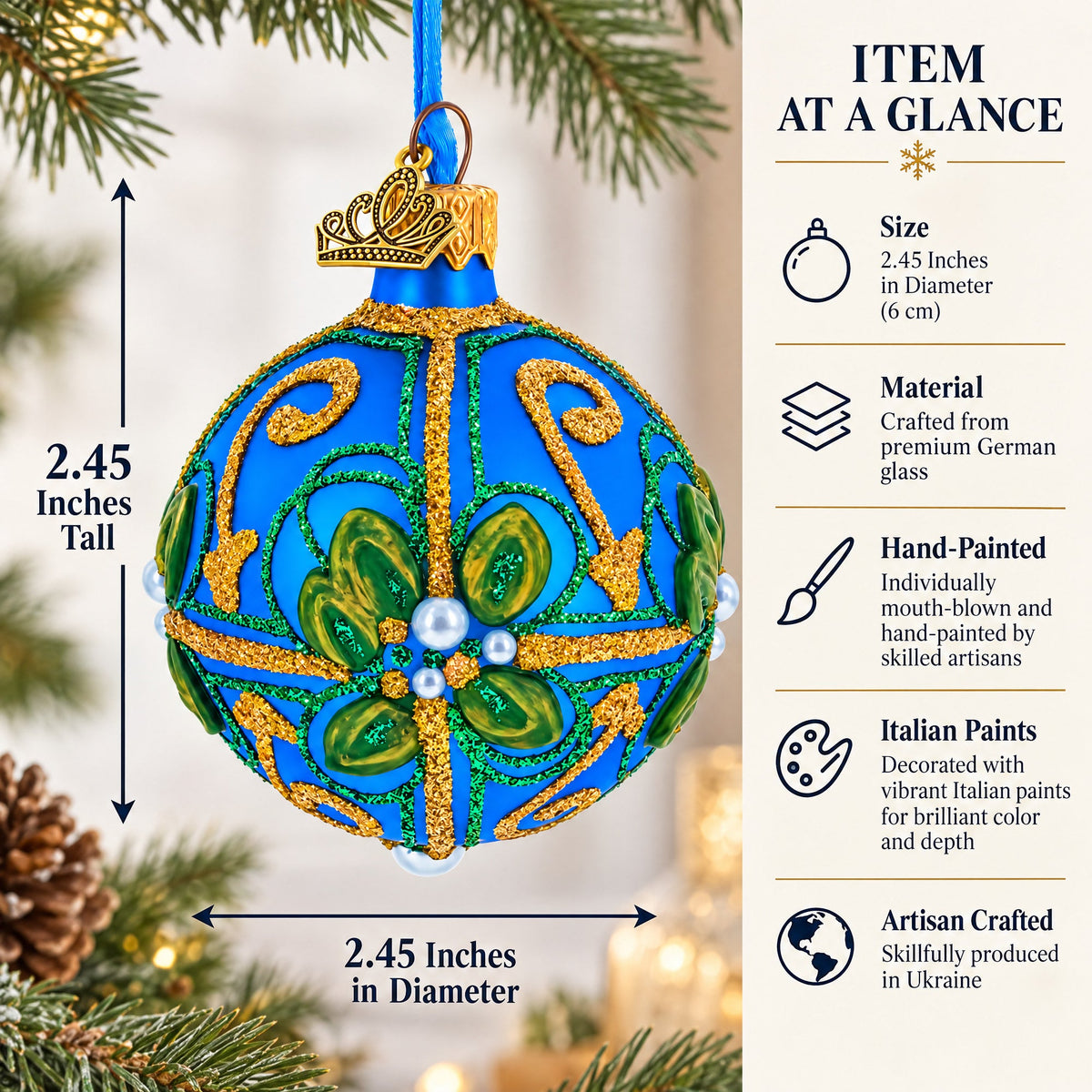 Green & Gold Glitter Pearls & Floral Accents Blue Glass Ball Christmas Ornament 2.4 Inches