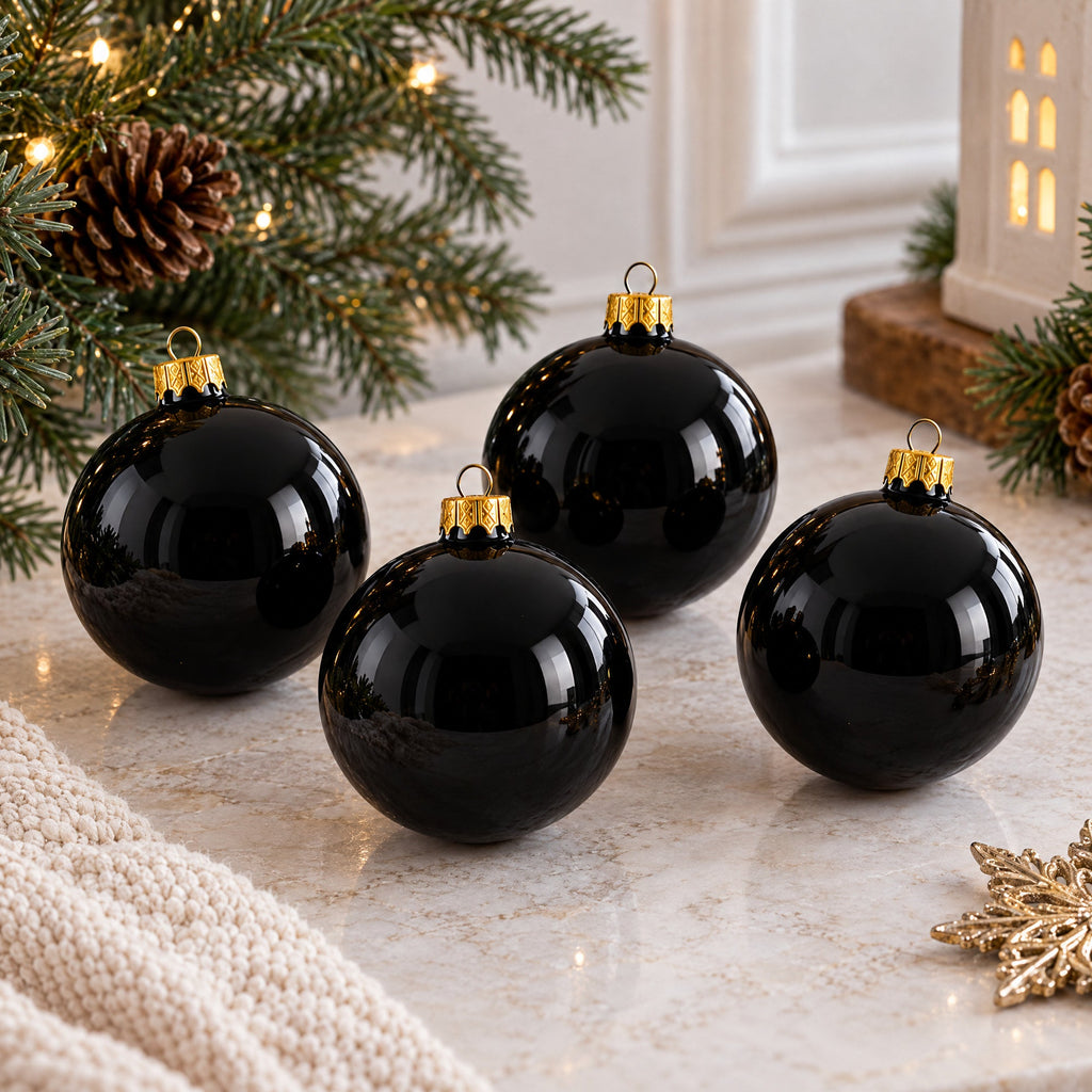 Set of 4 Glossy Black Glass Ball Christmas Ornaments 4 Inches (003)