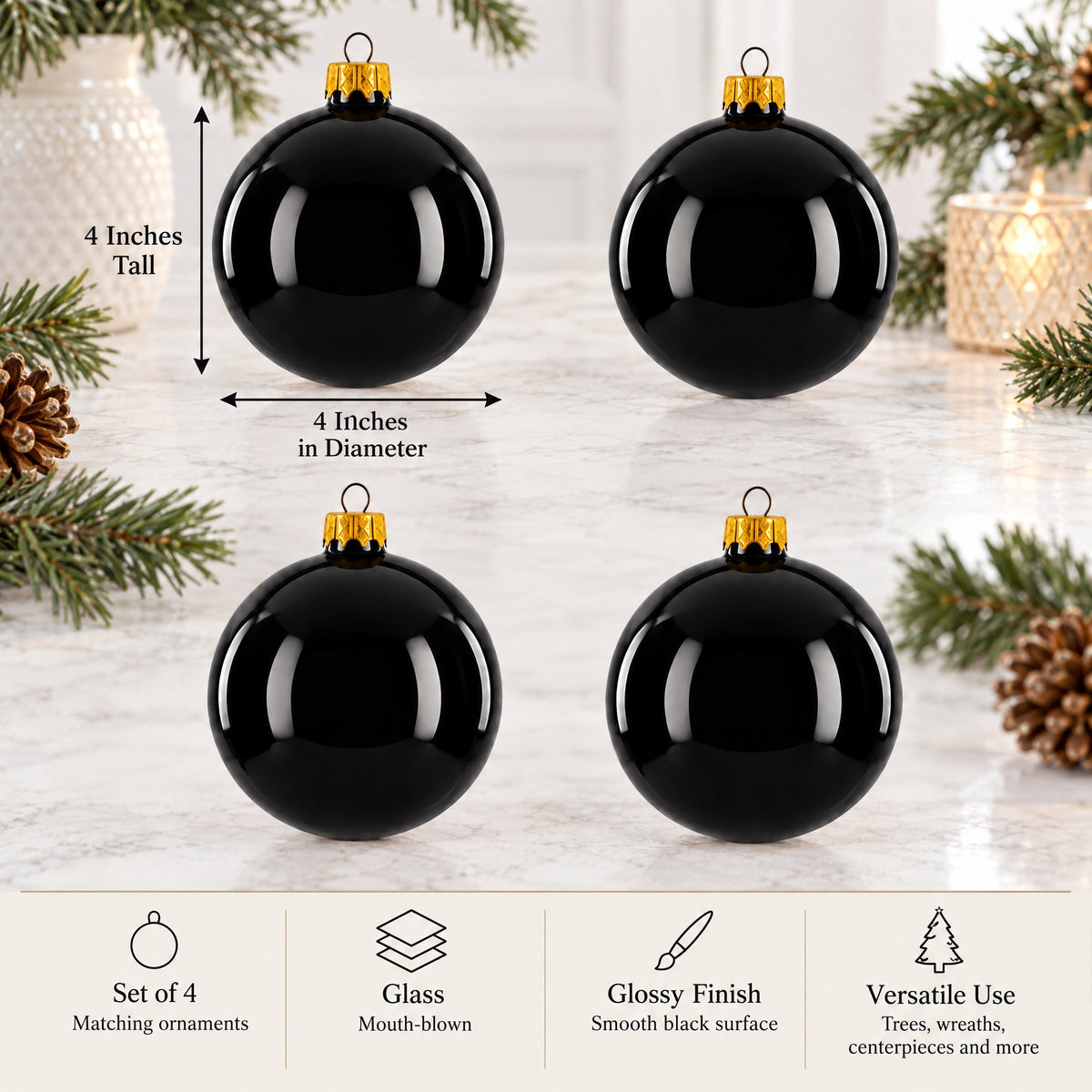 Set of 4 Glossy Black Glass Ball Christmas Ornaments 4 Inches (003)