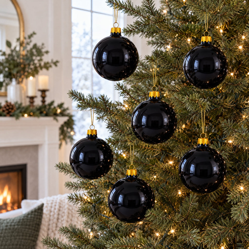 Set of 6 Glossy Black Glass Ball Christmas Ornaments 3.25 Inches (036)