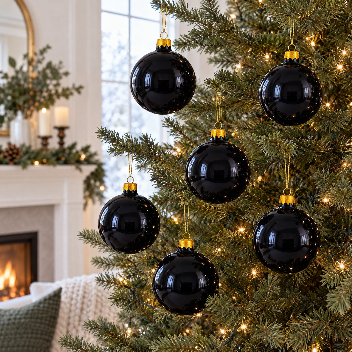 Set of 6 Glossy Black Glass Ball Christmas Ornaments 3.25 Inches (036)