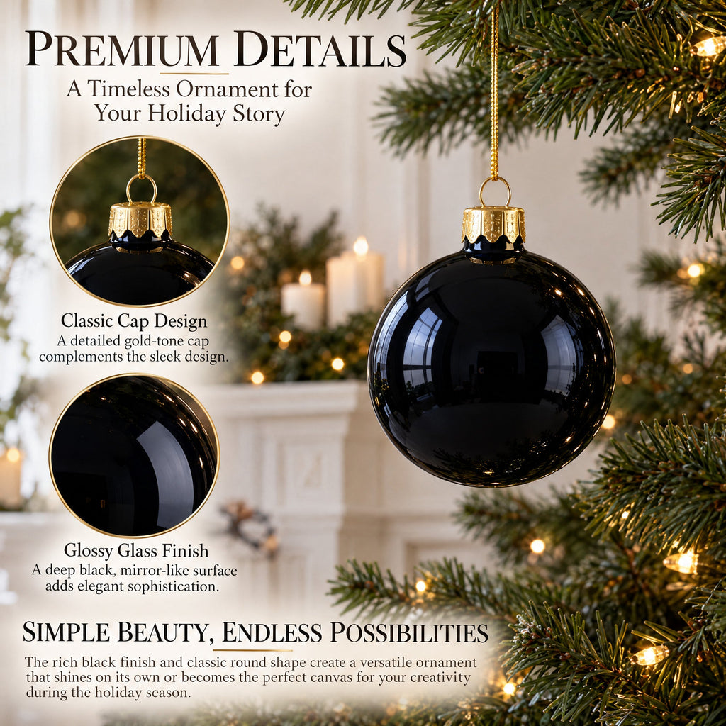 Set of 6 Glossy Black Glass Ball Christmas Ornaments 3.25 Inches (036)