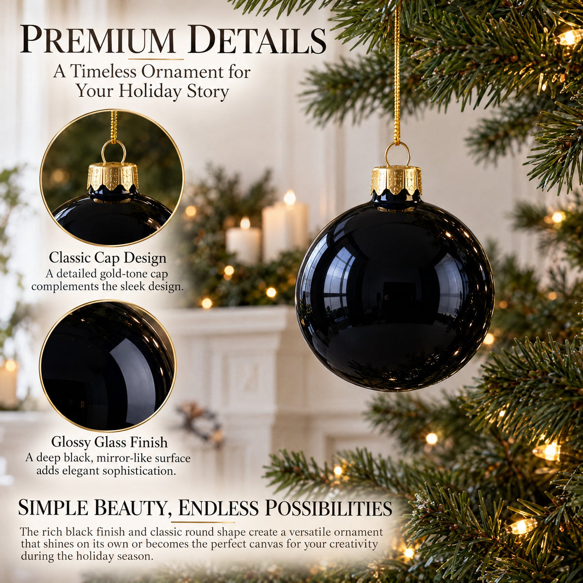 Set of 6 Glossy Black Glass Ball Christmas Ornaments 3.25 Inches (036)