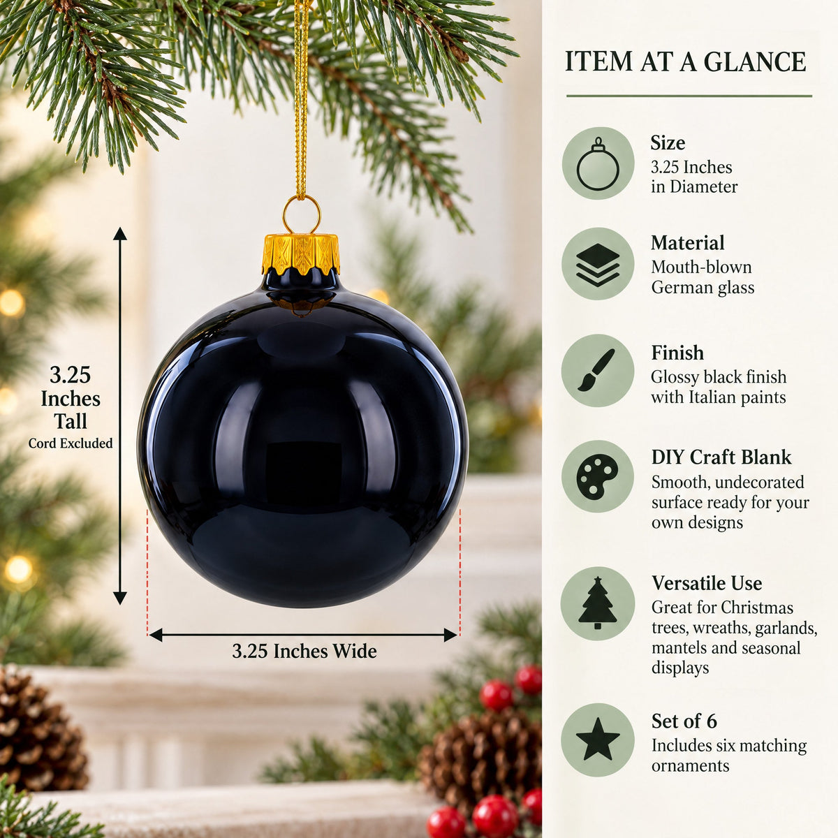 Set of 6 Glossy Black Glass Ball Christmas Ornaments 3.25 Inches (036)
