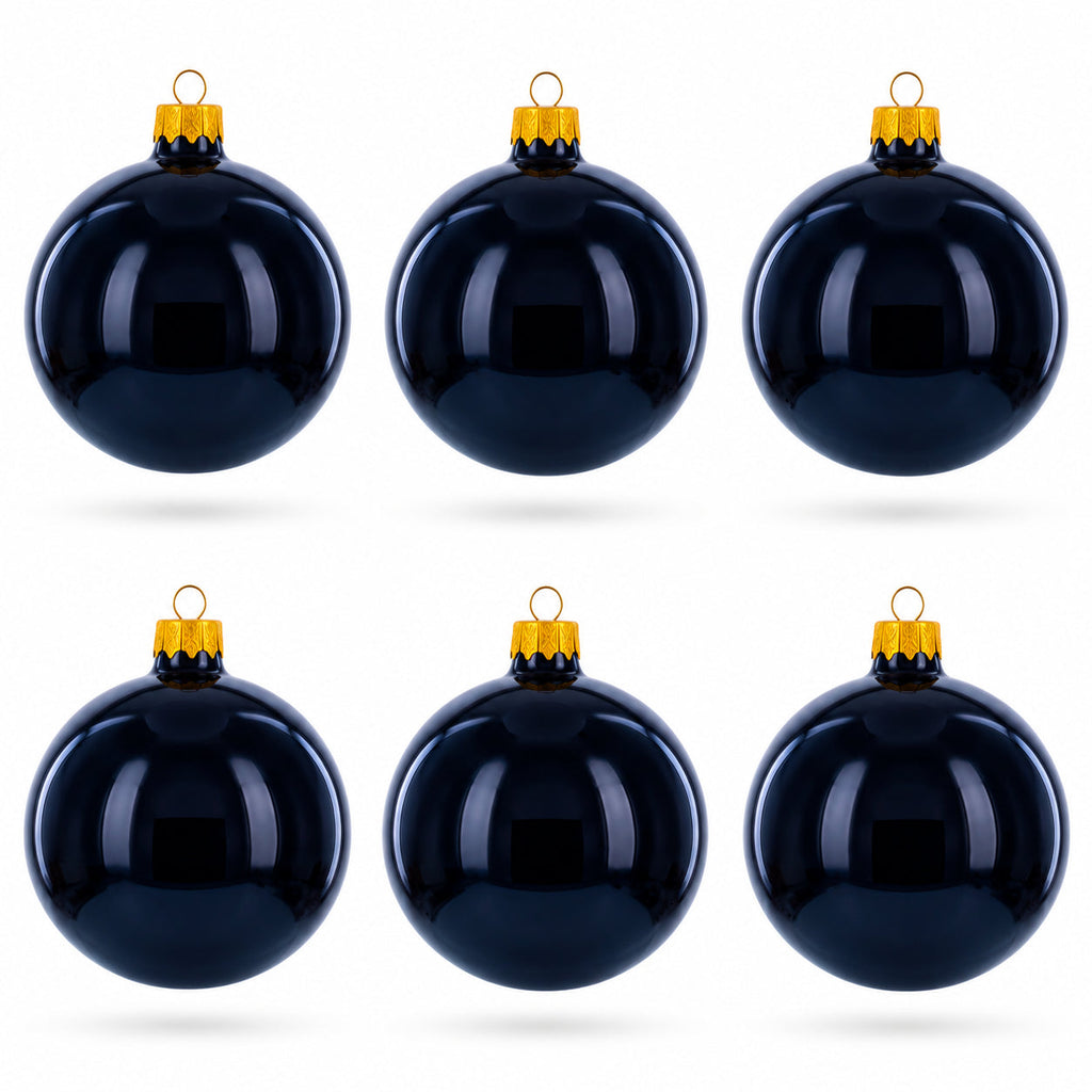 Set of 6 Glossy Black Glass Ball Christmas Ornaments 3.25 Inches (036)