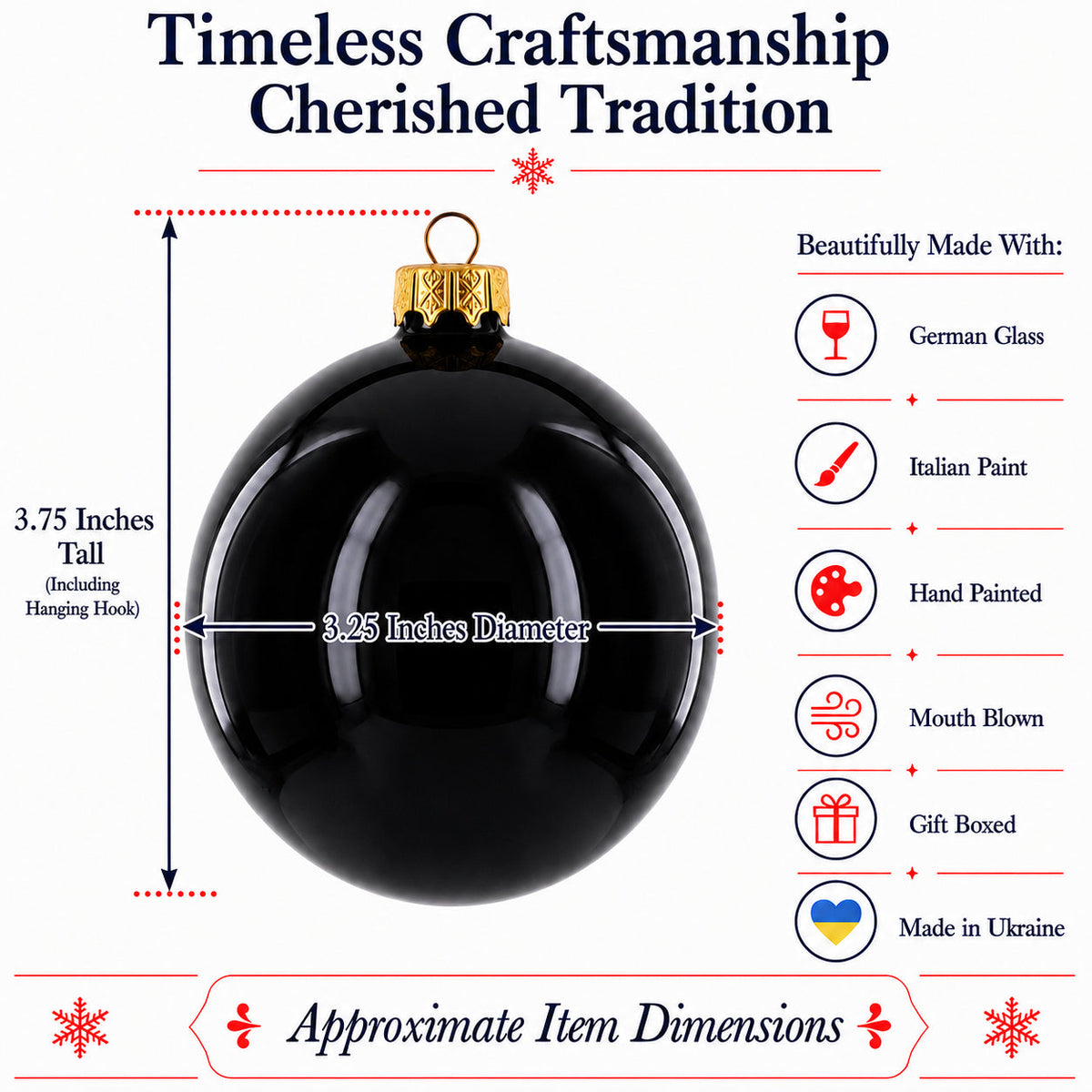 Set of 6 Glossy Black Glass Ball Christmas Ornaments 3.25 Inches (036)
