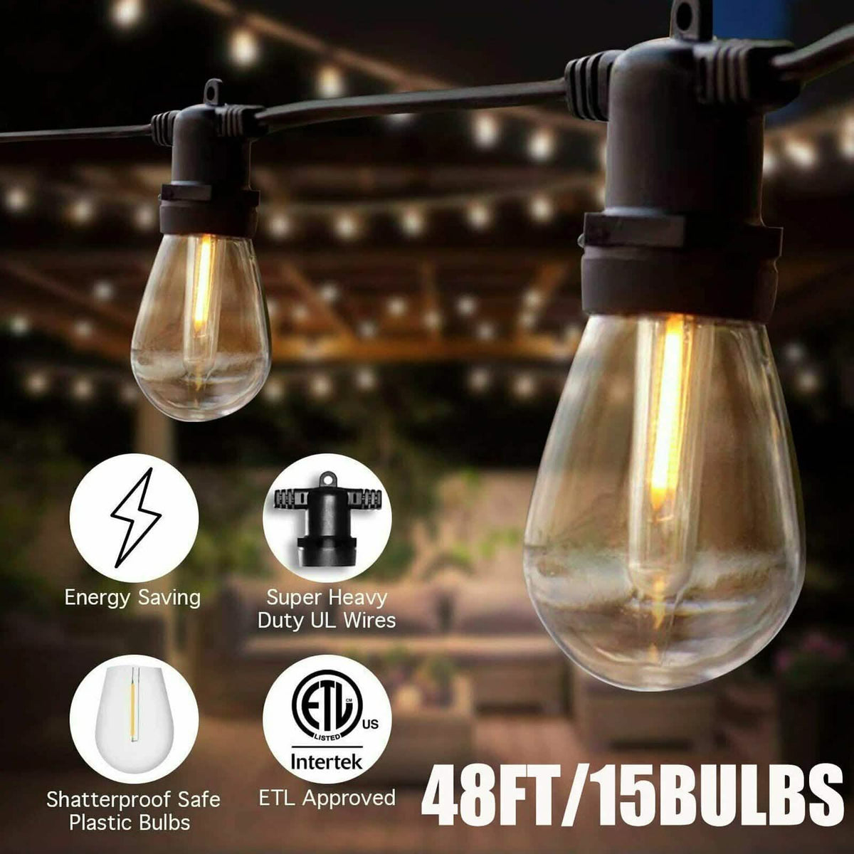 LED 15x S14 Bulbs Globe String Lights Commercial Grade Patio Outdoor Garden
