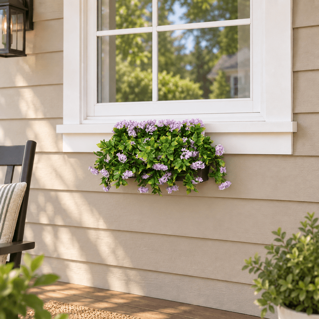 Artificial Window Box Planter – Draping Lilac Flowering (20×14in) – UV Resistant