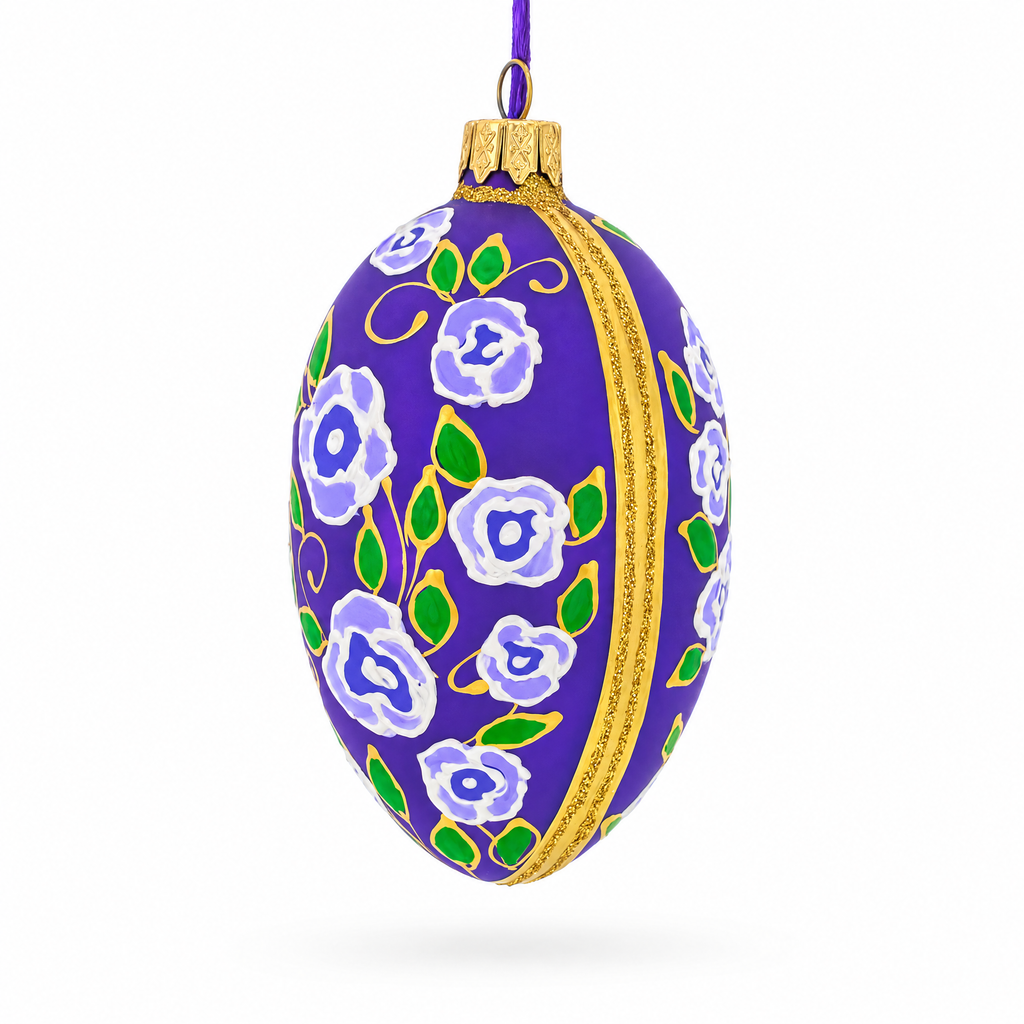 Purple Garden Flowers Egg Glass Ornament 4 Inches