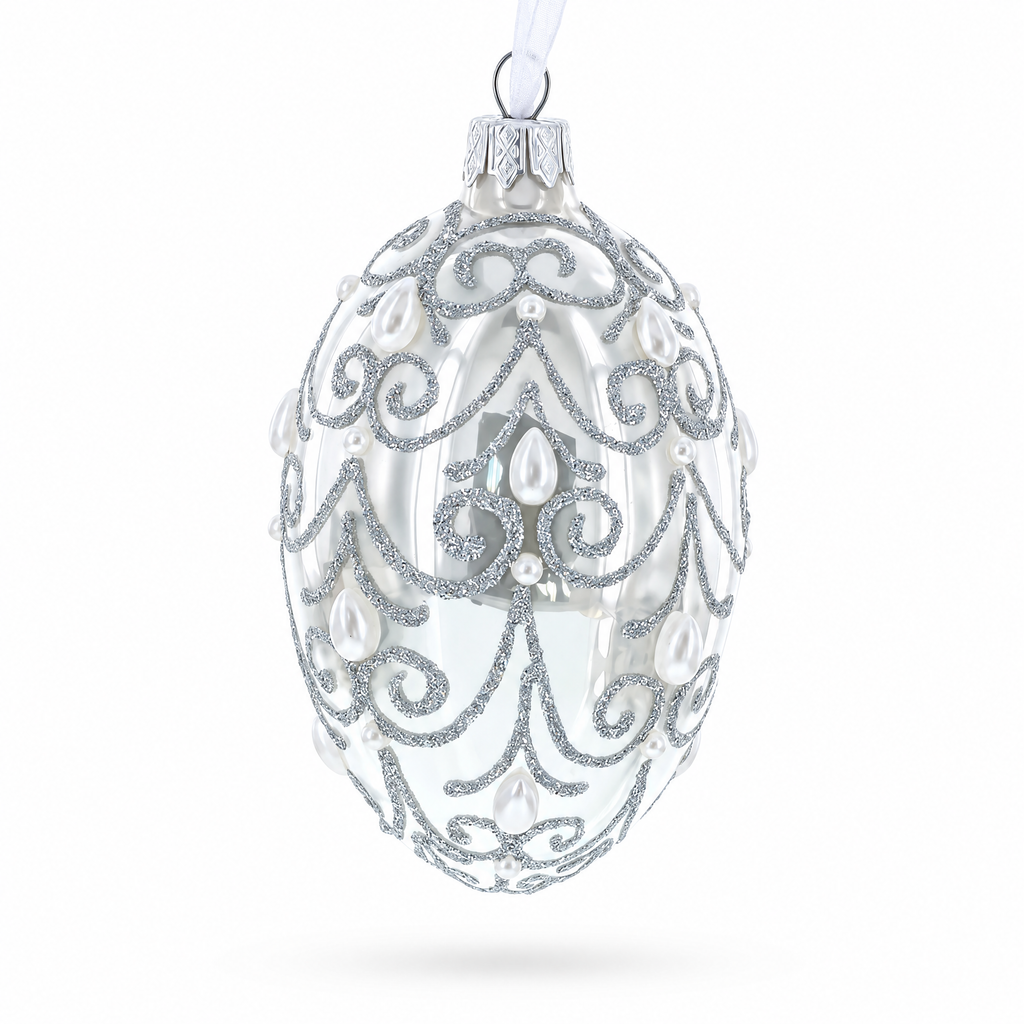 Jeweled Beads on Glossy White Glass Egg Ornament 4 Inches