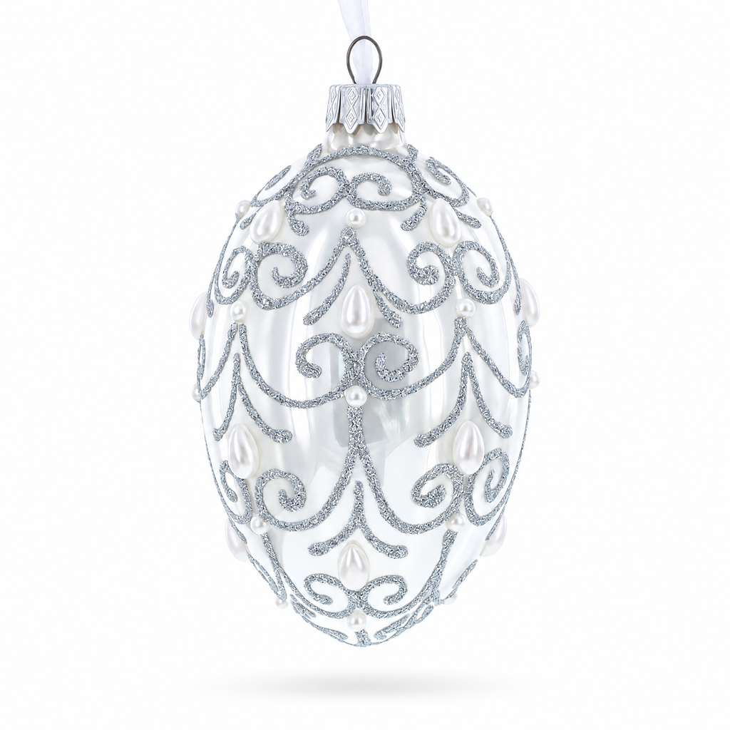 Jeweled Beads on Glossy White Glass Egg Ornament 4 Inches