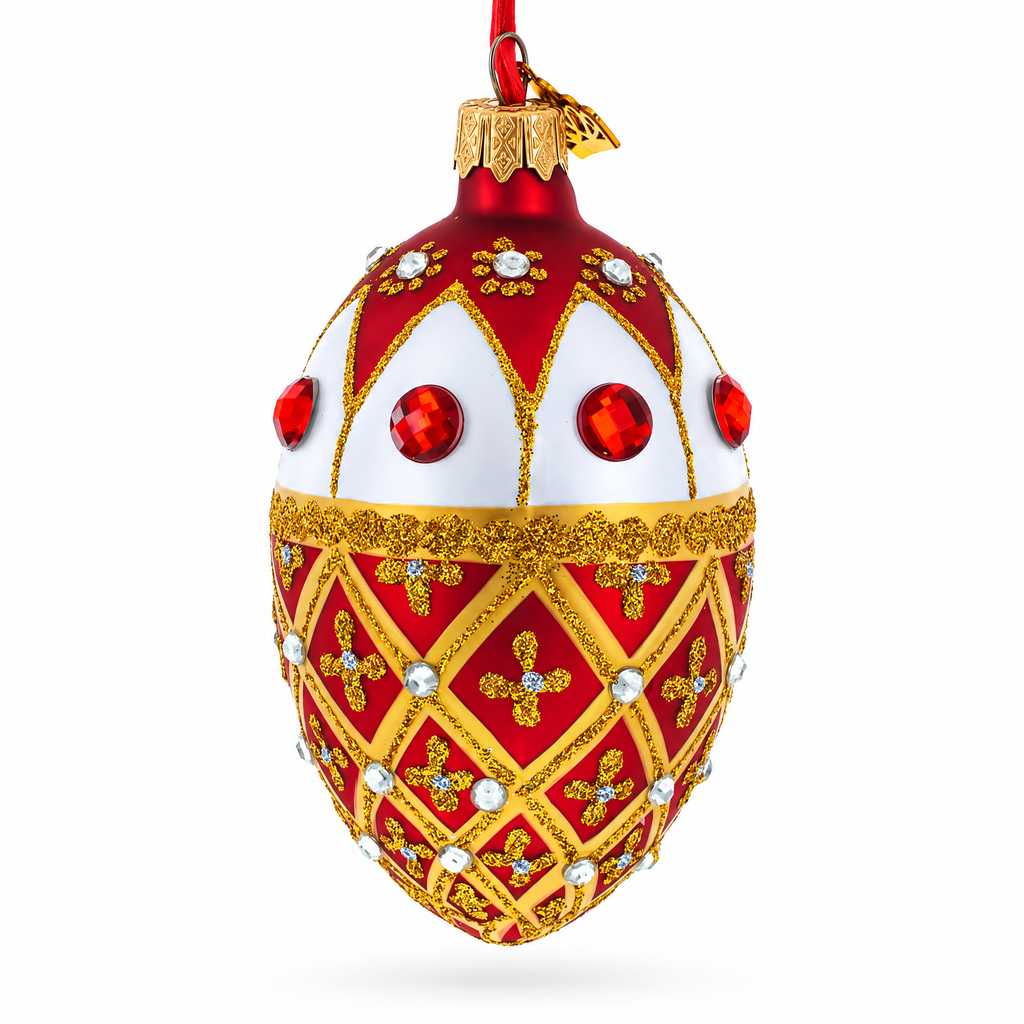 Jeweled Gold Trellis on Red and White Glass Egg Christmas Ornament 4 Inches