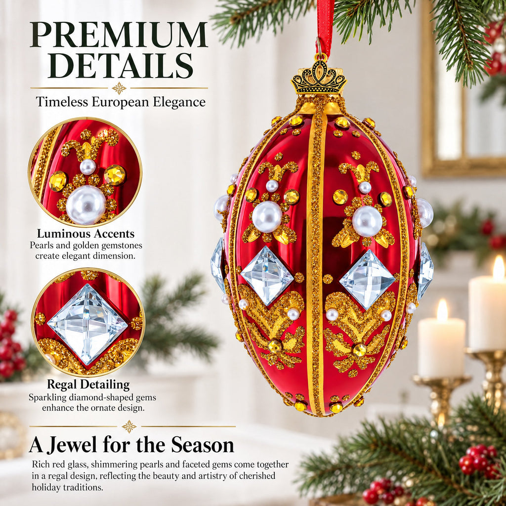 Diamonds and Pearls on Red Glass Egg Ornament 4 Inches