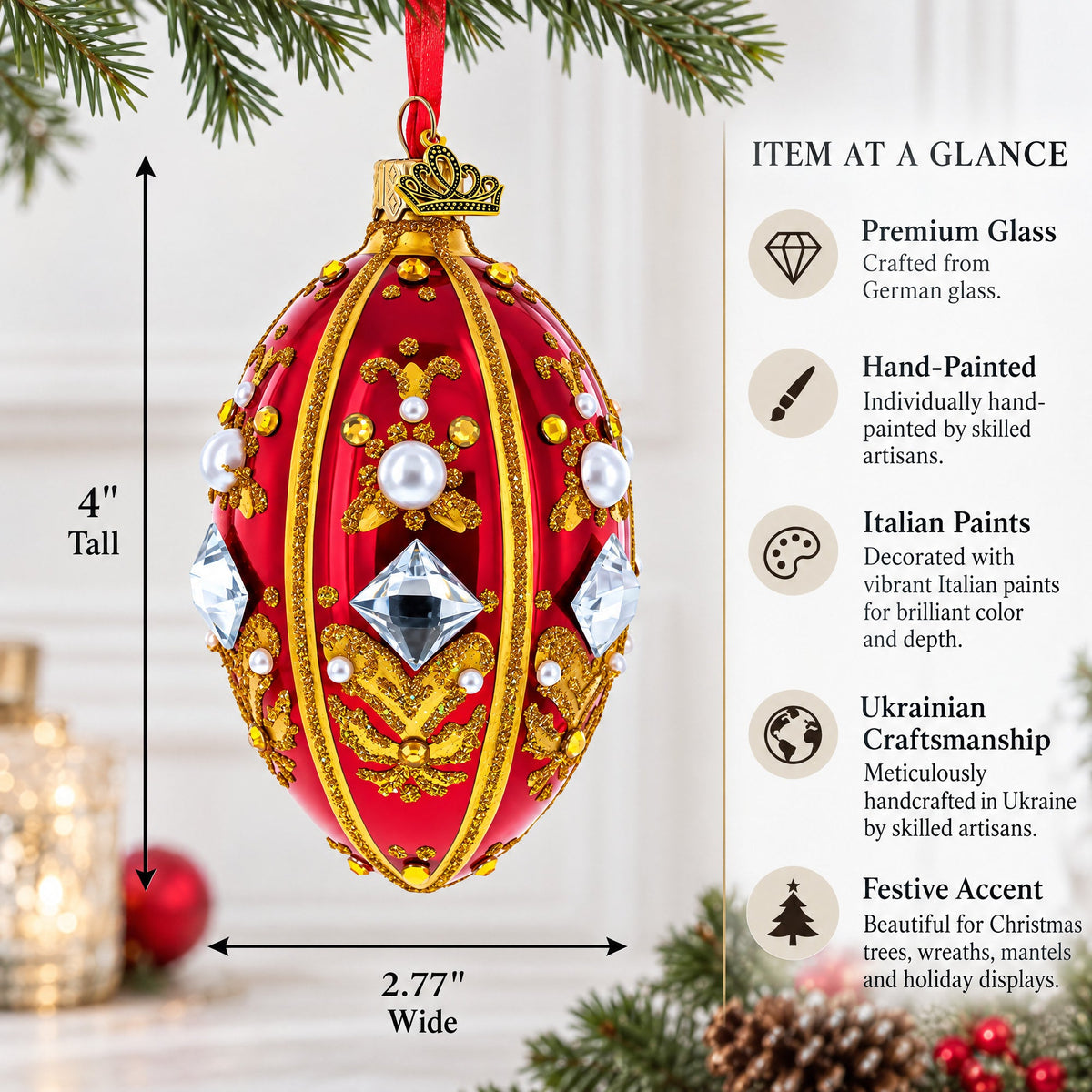 Diamonds and Pearls on Red Glass Egg Ornament 4 Inches
