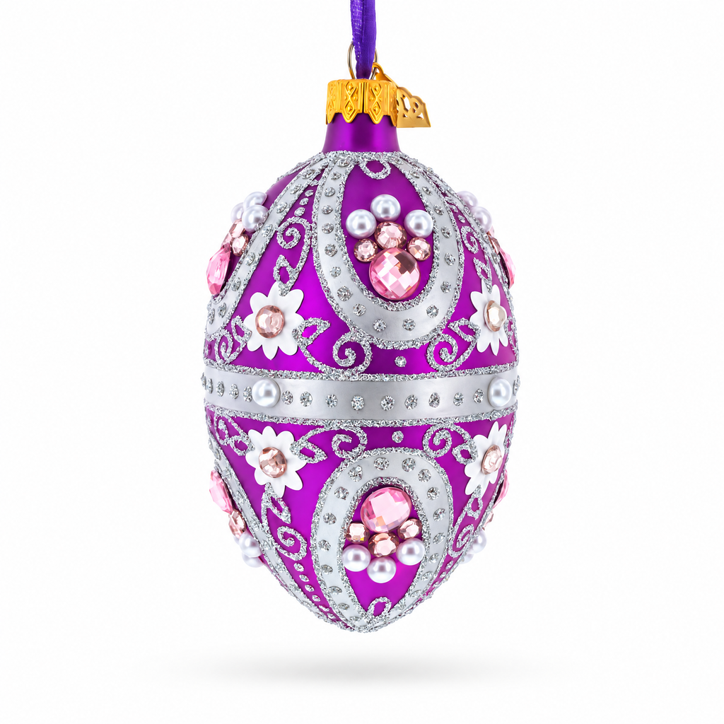Purple Elegance with Pearls and Floral Accents Glass Egg Ornament 4 Inches