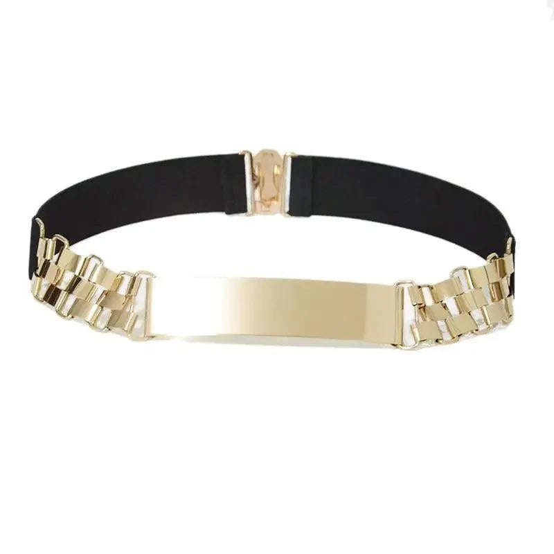 Luxurious Gold Wide Strap Elastic Belts For Women Elegant Metal Polished Plain Gold Belt Black Wide Strap Waistband for Women