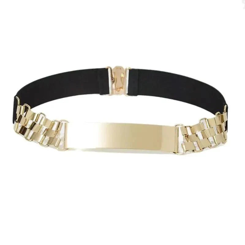 Luxurious Gold Wide Strap Elastic Belts For Women Elegant Metal Polished Plain Gold Belt Black Wide Strap Waistband for Women