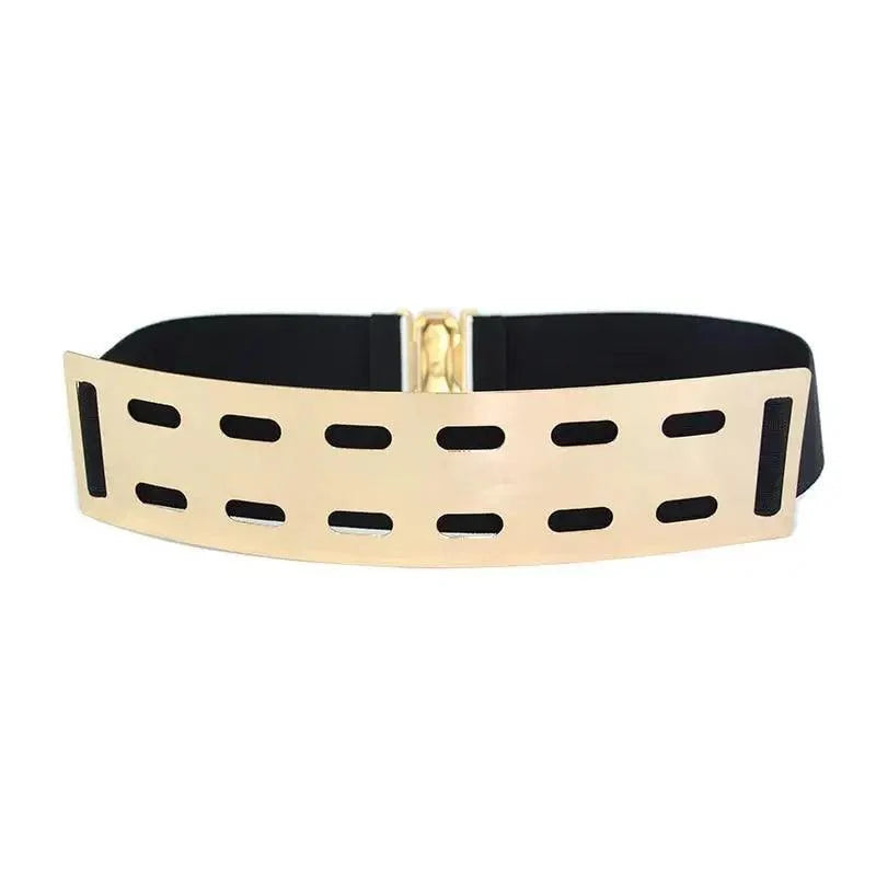 Luxurious Gold Wide Strap Elastic Belts For Women Elegant Metal Polished Plain Gold Belt Black Wide Strap Waistband for Women