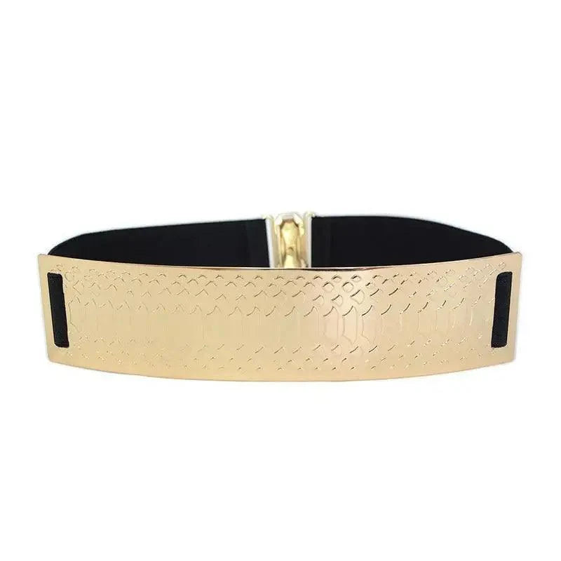 Luxurious Gold Wide Strap Elastic Belts For Women Elegant Metal Polished Plain Gold Belt Black Wide Strap Waistband for Women