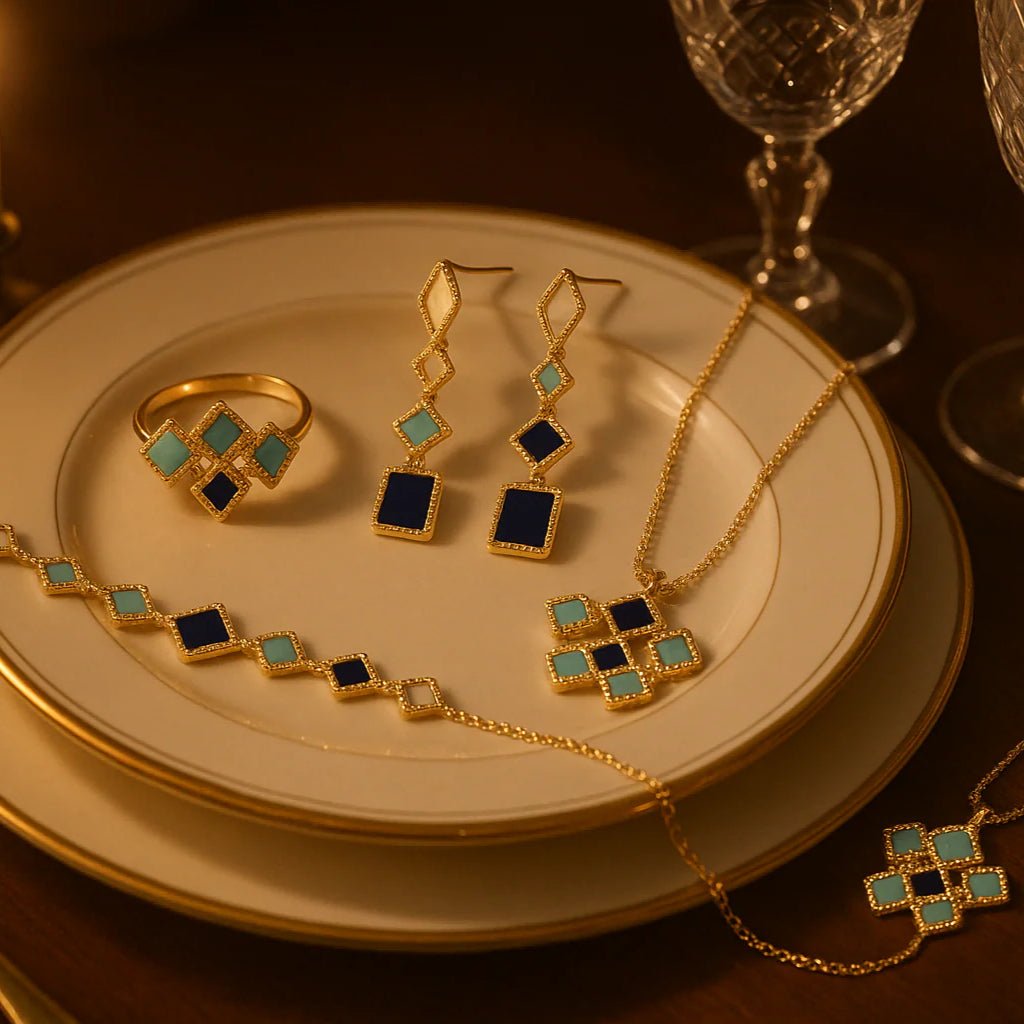 Celeste Geometric Gemstone Jewelry Set | Islamic Blue Stone Jewelry Set (MAC253)