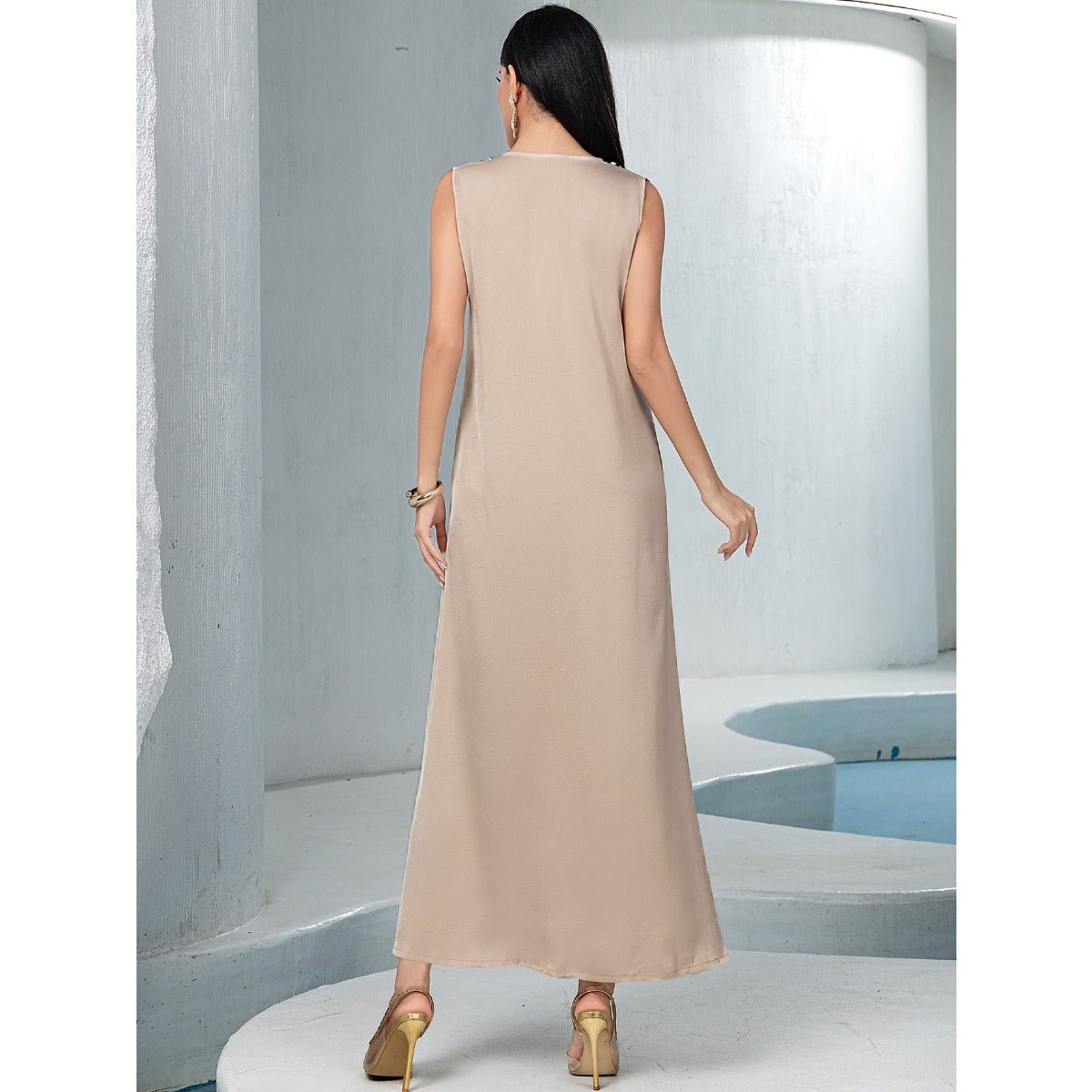 Luxury Muslim Kaftan Set Evening Wear | Beige Hand-Sewn Diamond Two-Piece Dress with Bell Sleeves(MOA202)