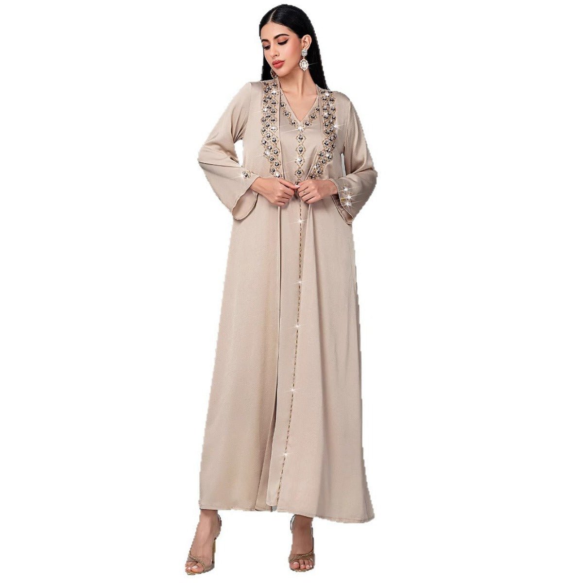 Luxury Muslim Kaftan Set Evening Wear | Beige Hand-Sewn Diamond Two-Piece Dress with Bell Sleeves(MOA202)