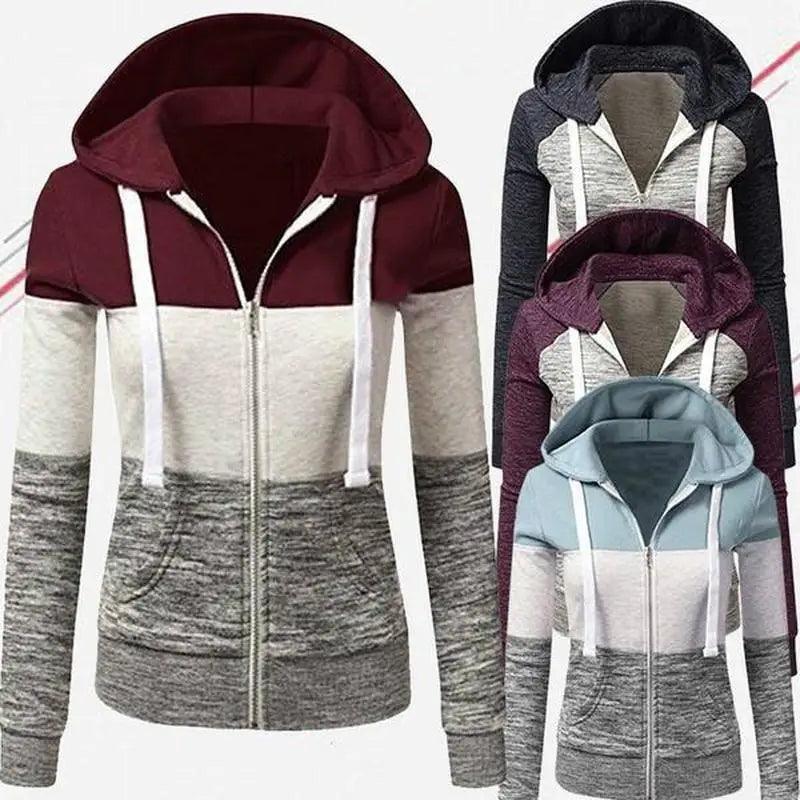 Luxury Women Patchwork  Hoodie Spring Autumn Slim Hooded Jacket Fashion Long Sleeve Drawstring Pocket Hoodies Sweatshirts Women's  Hoodie Color Block Casual Pullover Hoodie