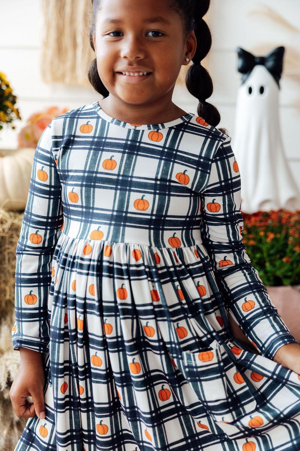 Plaid Pumpkins L/S Pocket Twirl Dress