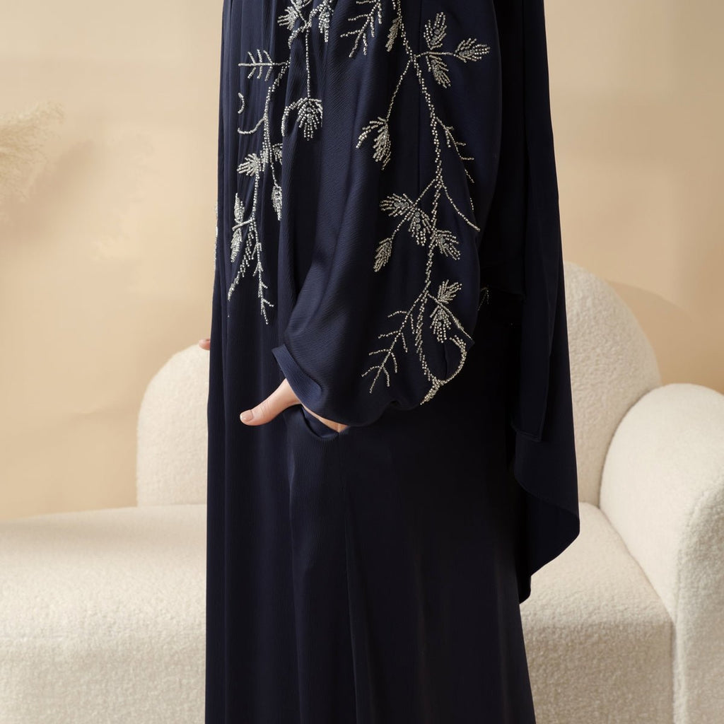Navy Blue Pleated Abaya Set | Beaded Robe Abaya with Silver Embroidery (MOA168)