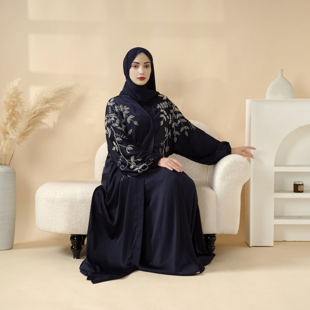 Navy Blue Pleated Abaya Set | Beaded Robe Abaya with Silver Embroidery (MOA168)