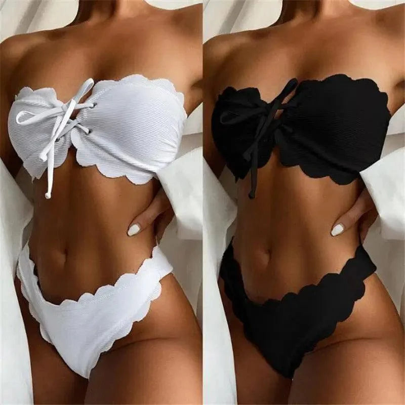 New Black/White Bikini High Waist Strapless Bikini Women Swimwear Women's Swimsuit Padded Bathing Suit Lace-up Pure Color Soft And Comfortable Bikinis