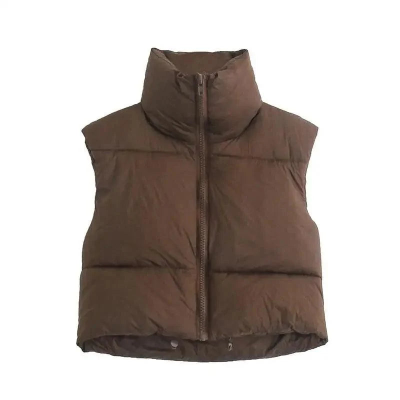 New Chic Lady Fashionable Women's Casual High Collar In Coffee Color Short Outwear Zippers Sleeveless Jackets Vest
