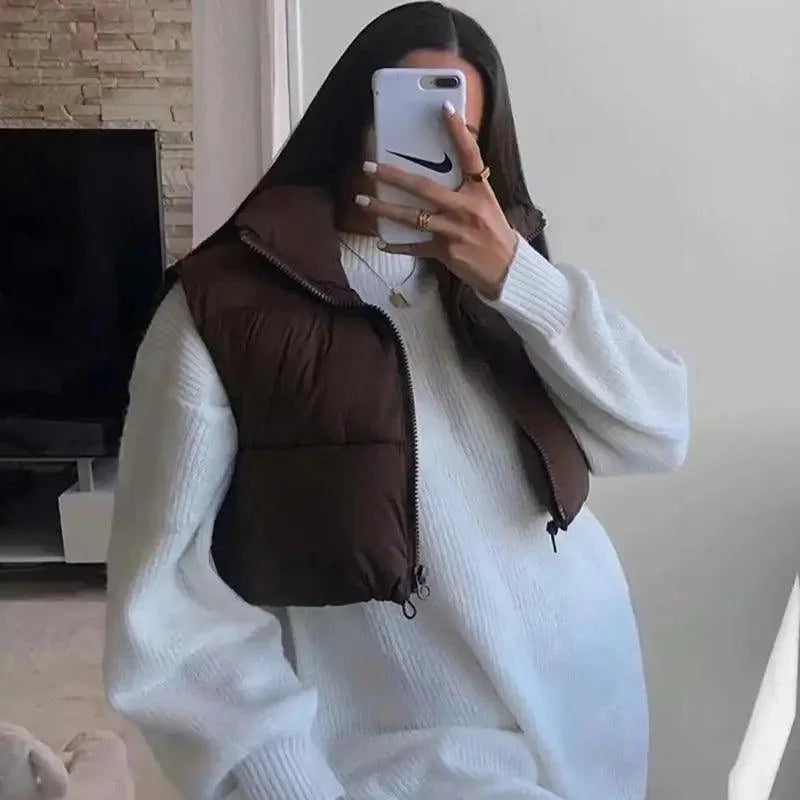 New Chic Lady Fashionable Women's Casual High Collar In Coffee Color Short Outwear Zippers Sleeveless Jackets Vest